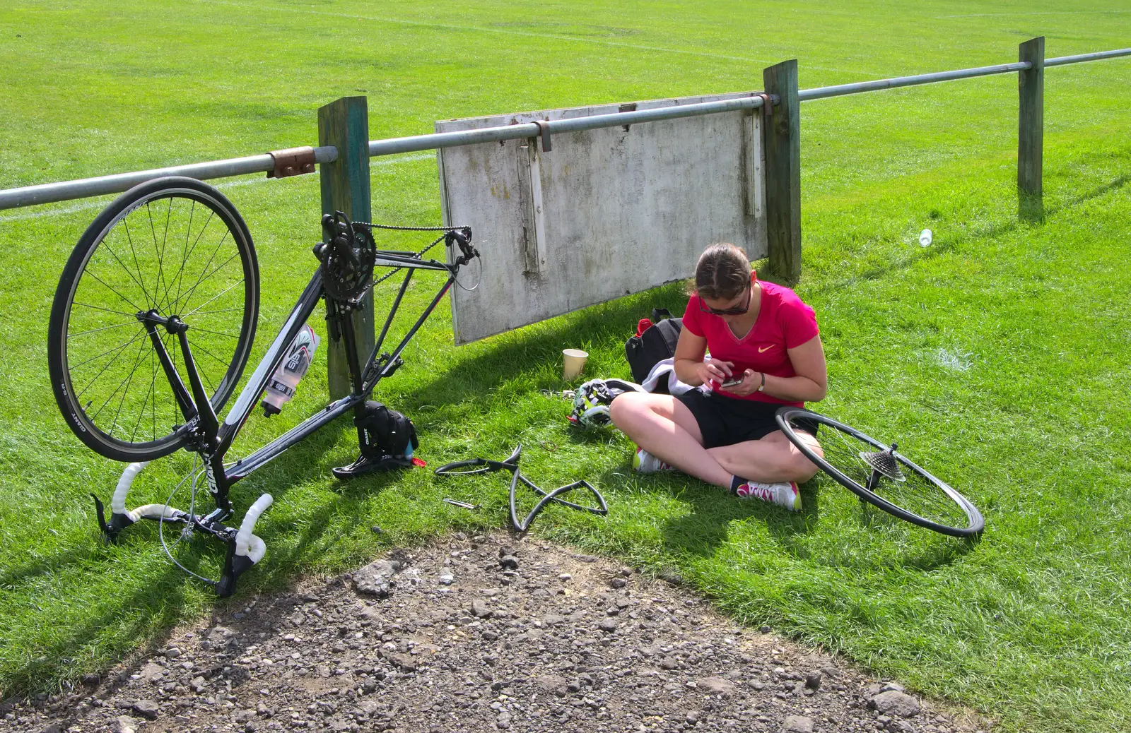 Meanwhile, Katrina has a puncture, from The Framlingham 10k Run, Suffolk - 31st August 2014