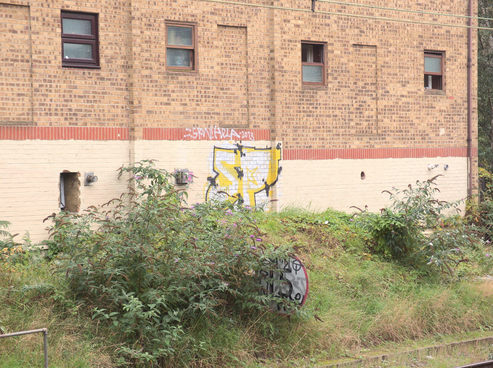 A lineside 15 sign is obscured by buddleia from Bike Rides and the BSCC at the Railway, Mellis and Brome, Suffolk - 18th September 2014