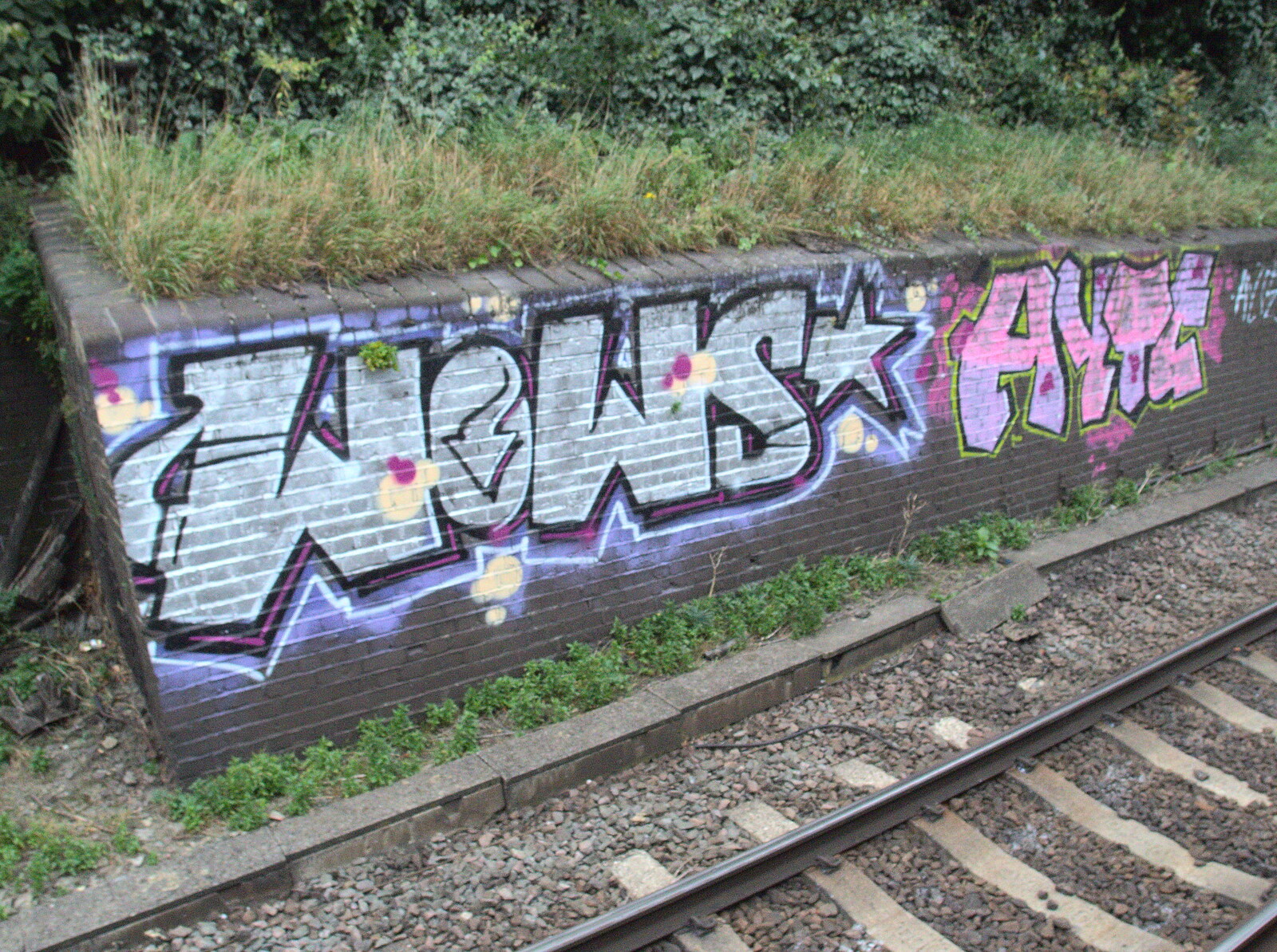 Lilac and pink graffiti from Bike Rides and the BSCC at the Railway, Mellis and Brome, Suffolk - 18th September 2014