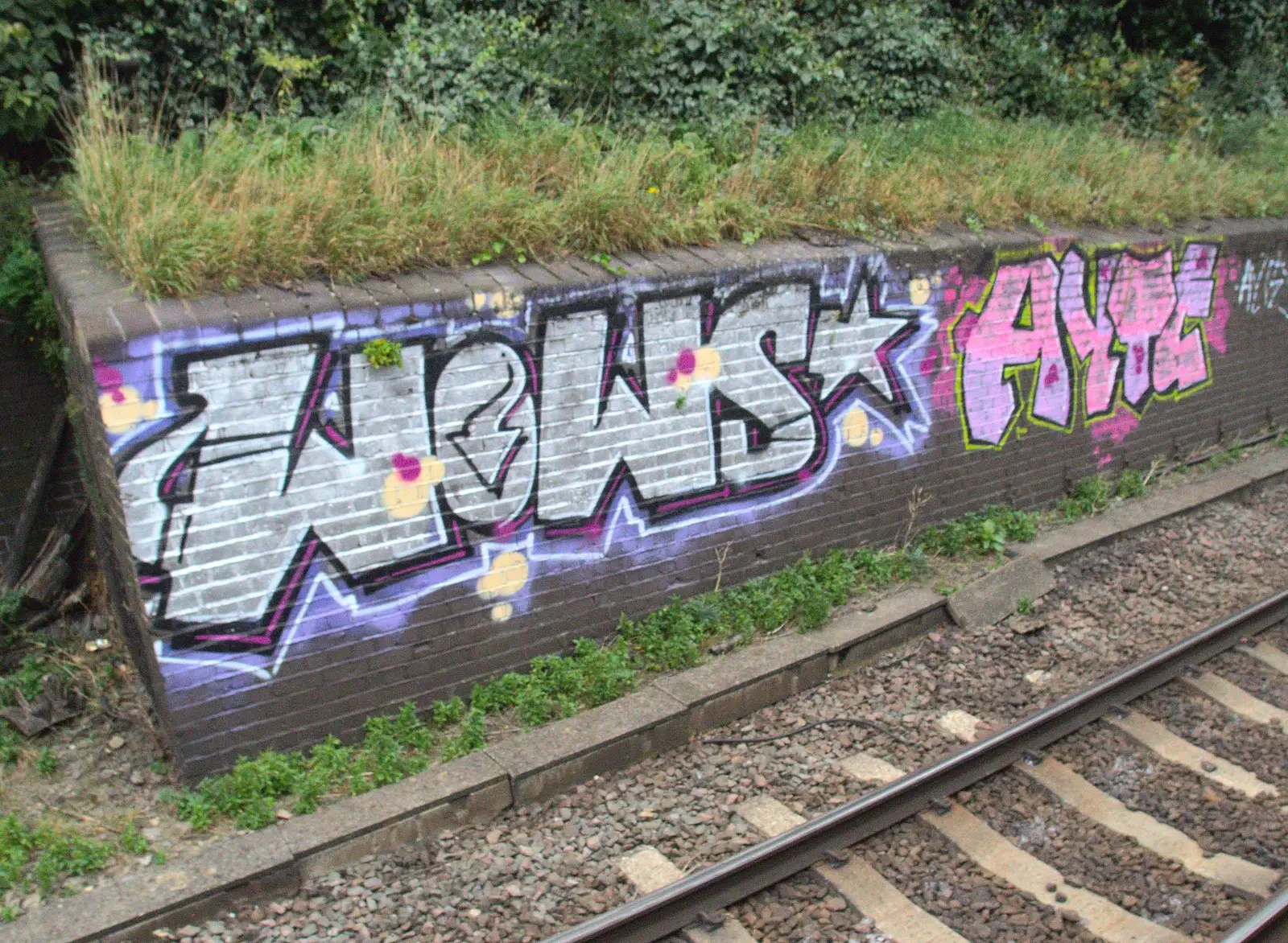 Lilac and pink graffiti, from Bike Rides and the BSCC at the Railway, Mellis and Brome, Suffolk - 18th September 2014