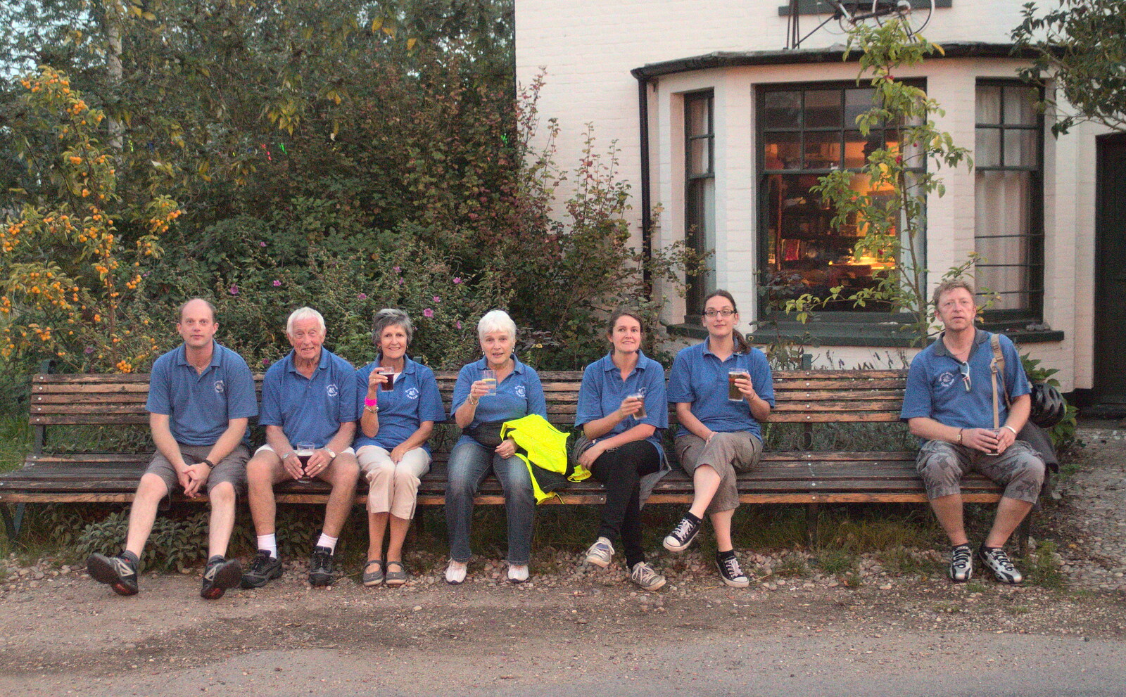 The BSCC on the world's longest bench at Mellis from Bike Rides and the BSCC at the Railway, Mellis and Brome, Suffolk - 18th September 2014
