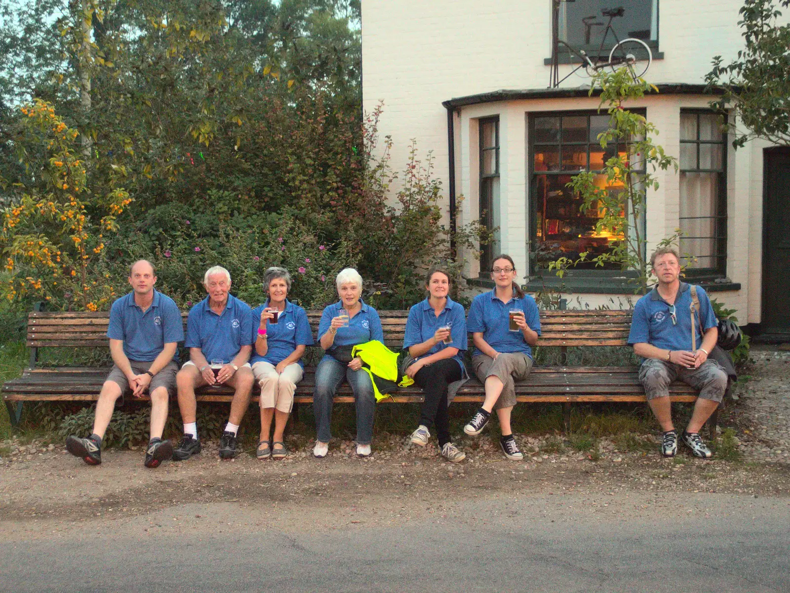 The BSCC on the world's longest bench at Mellis, from Bike Rides and the BSCC at the Railway, Mellis and Brome, Suffolk - 18th September 2014