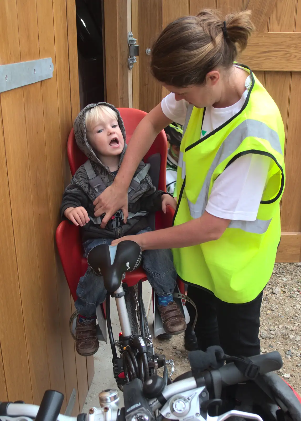 Harry is strapped in, from Bike Rides and the BSCC at the Railway, Mellis and Brome, Suffolk - 18th September 2014