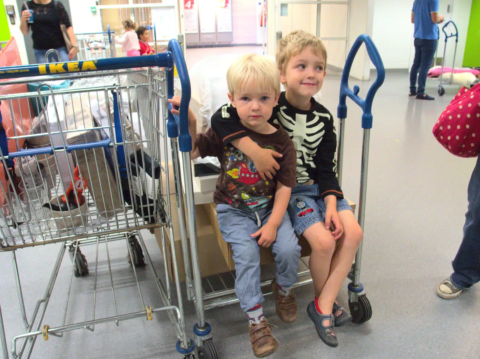 Harry and Fred on a trolley, from New Railway and a Trip to Ikea, Ipswich and Thurrock - 19th September 2014