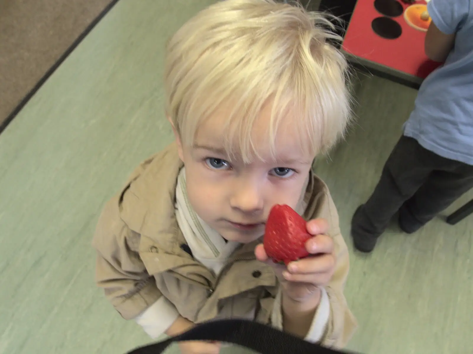 Harry waves a plastic strawberry around, from Fred's Shop, Brome, Suffolk - 20th September 2014