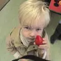 Harry waves a plastic strawberry around, Fred's Shop, Brome, Suffolk - 20th September 2014