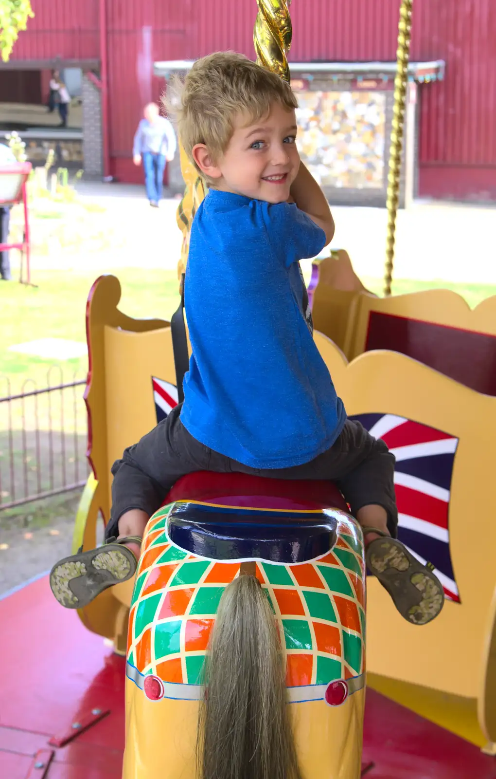 Fred looks round on the carousel, from A Trip to Bressingham Steam Museum, Bressingham, Norfolk - 28th September 2014