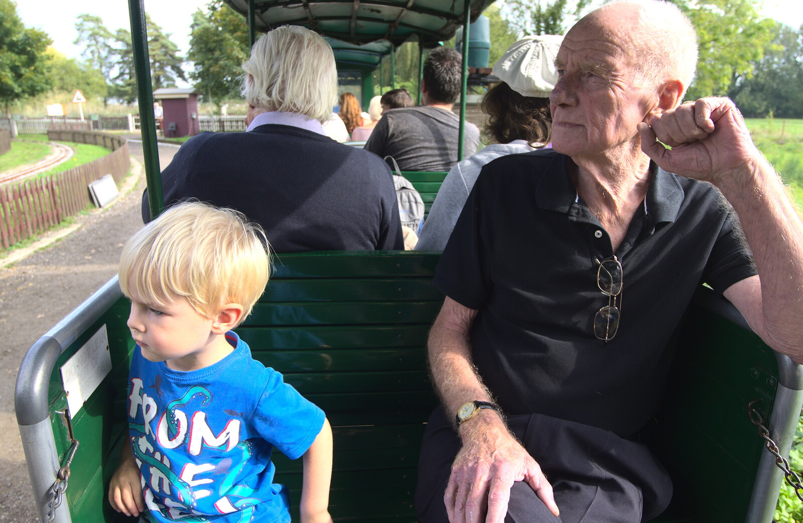 Harry and Grandad on the train from A Trip to Bressingham Steam Museum, Bressingham, Norfolk - 28th September 2014