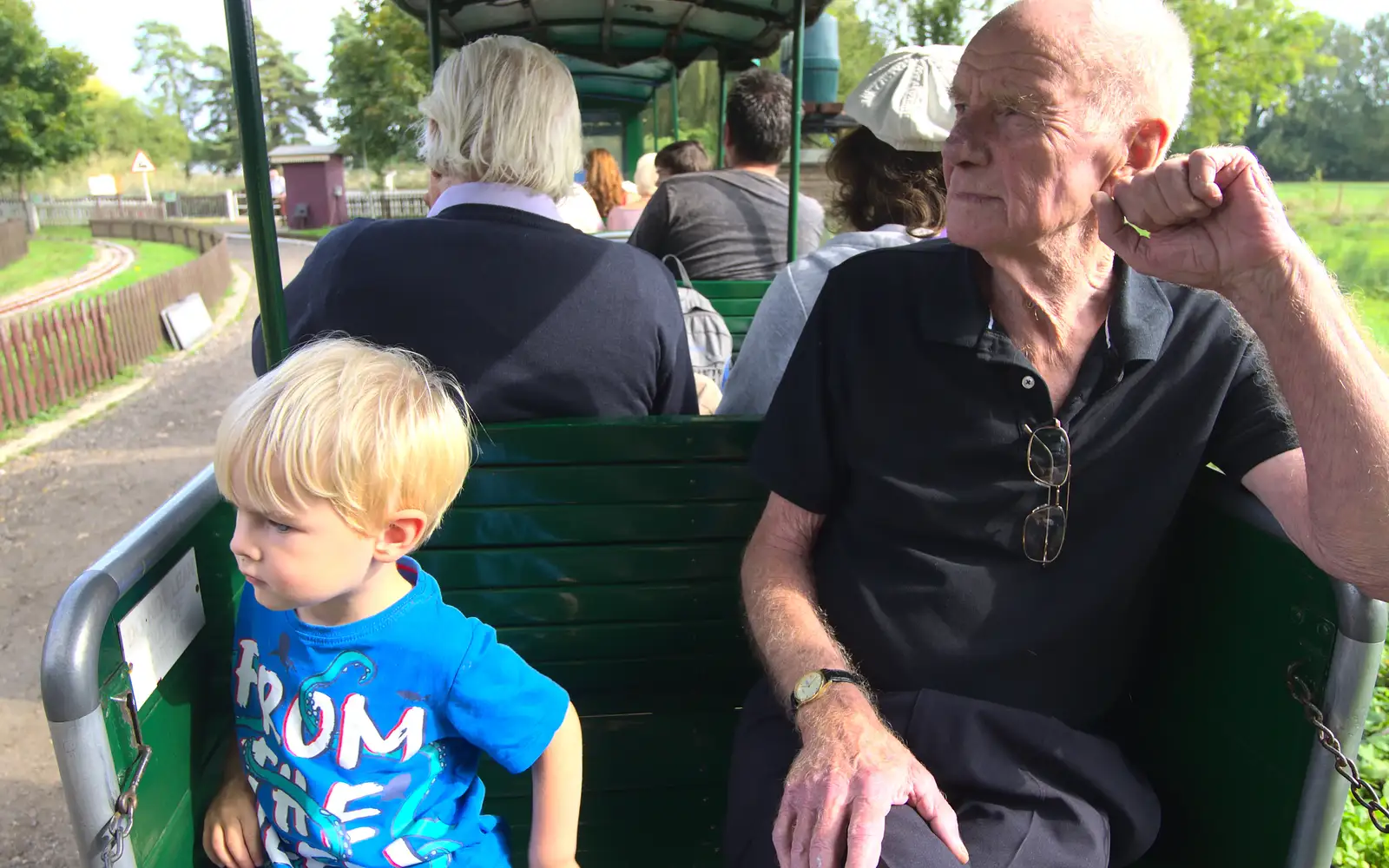 Harry and Grandad on the train, from A Trip to Bressingham Steam Museum, Bressingham, Norfolk - 28th September 2014