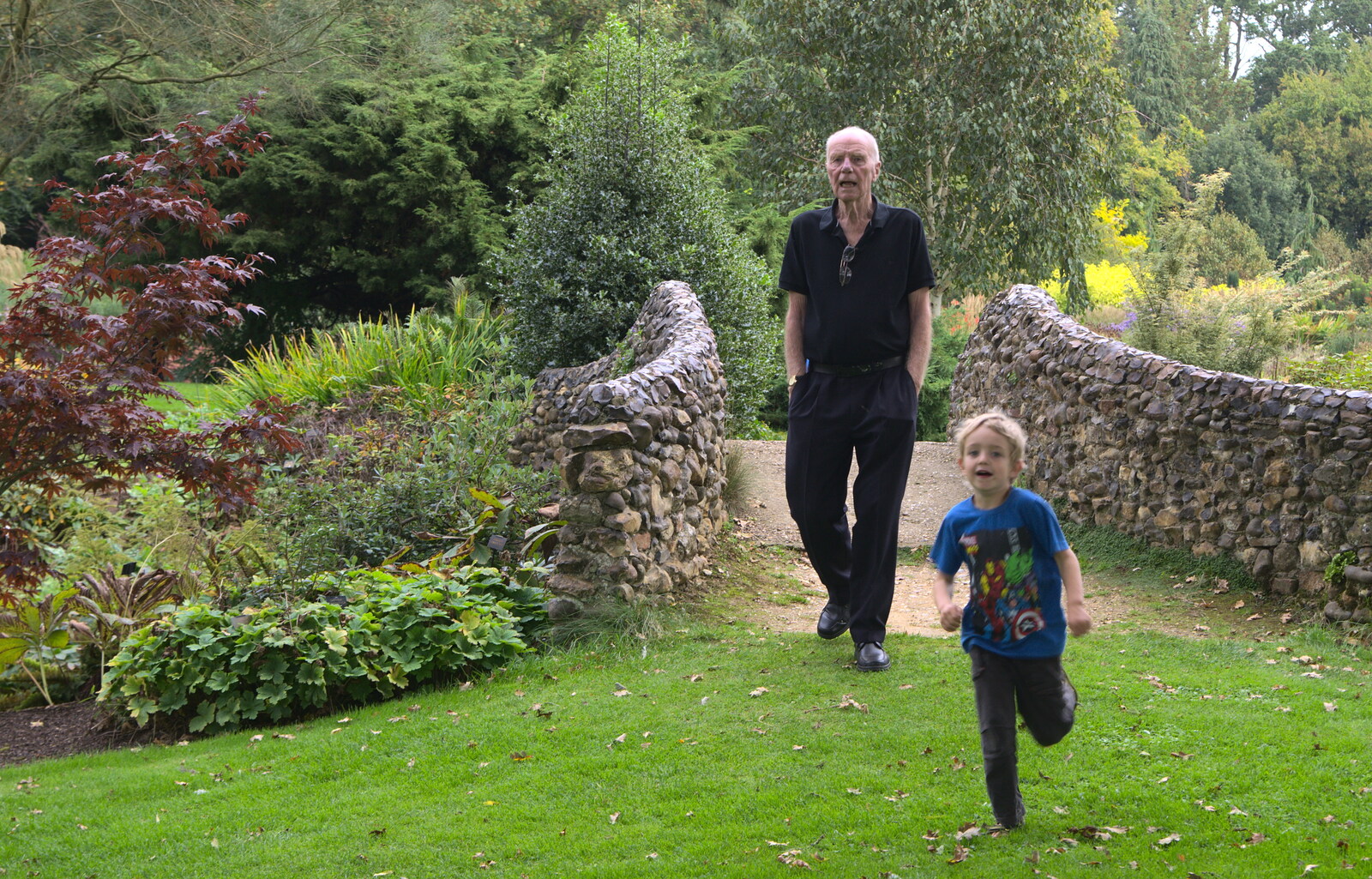 Fred runs ahead of Grandad in the gardens from A Trip to Bressingham Steam Museum, Bressingham, Norfolk - 28th September 2014