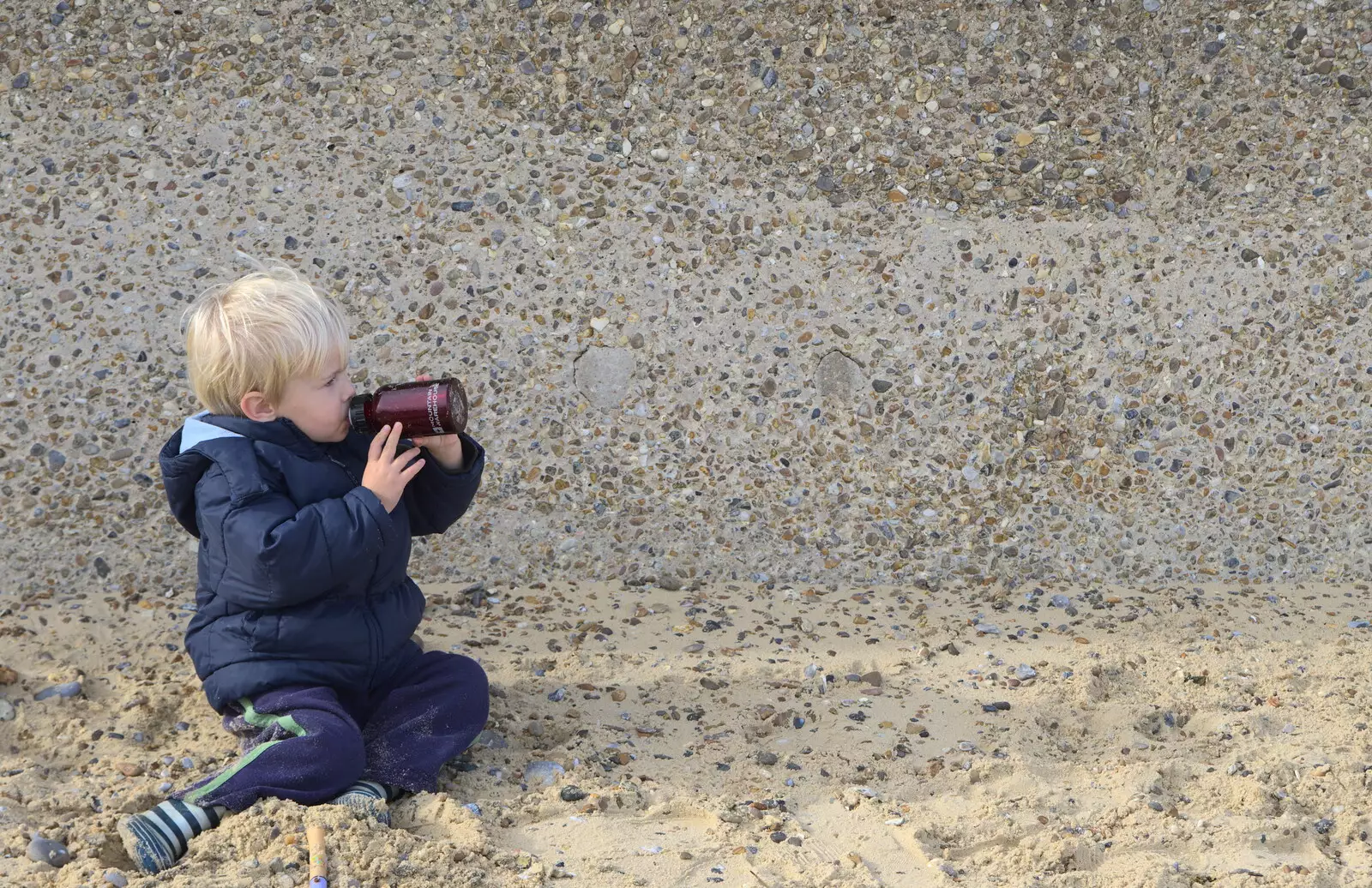 Harry has a drink, from On The Beach Again, Southwold, Suffolk - 12th October 2014