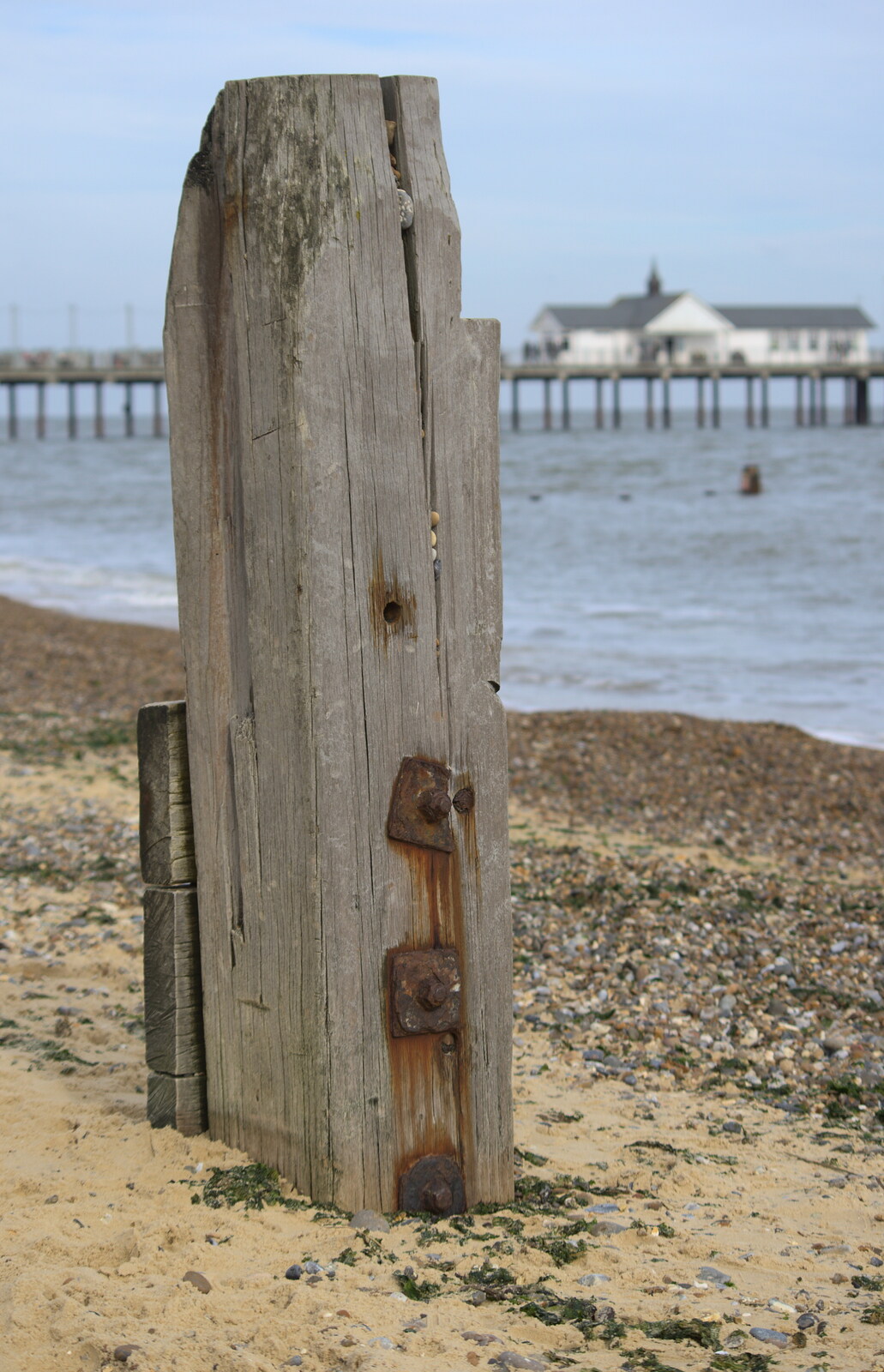 An old stump from a groyne stands in the sand from On The Beach Again, Southwold, Suffolk - 12th October 2014