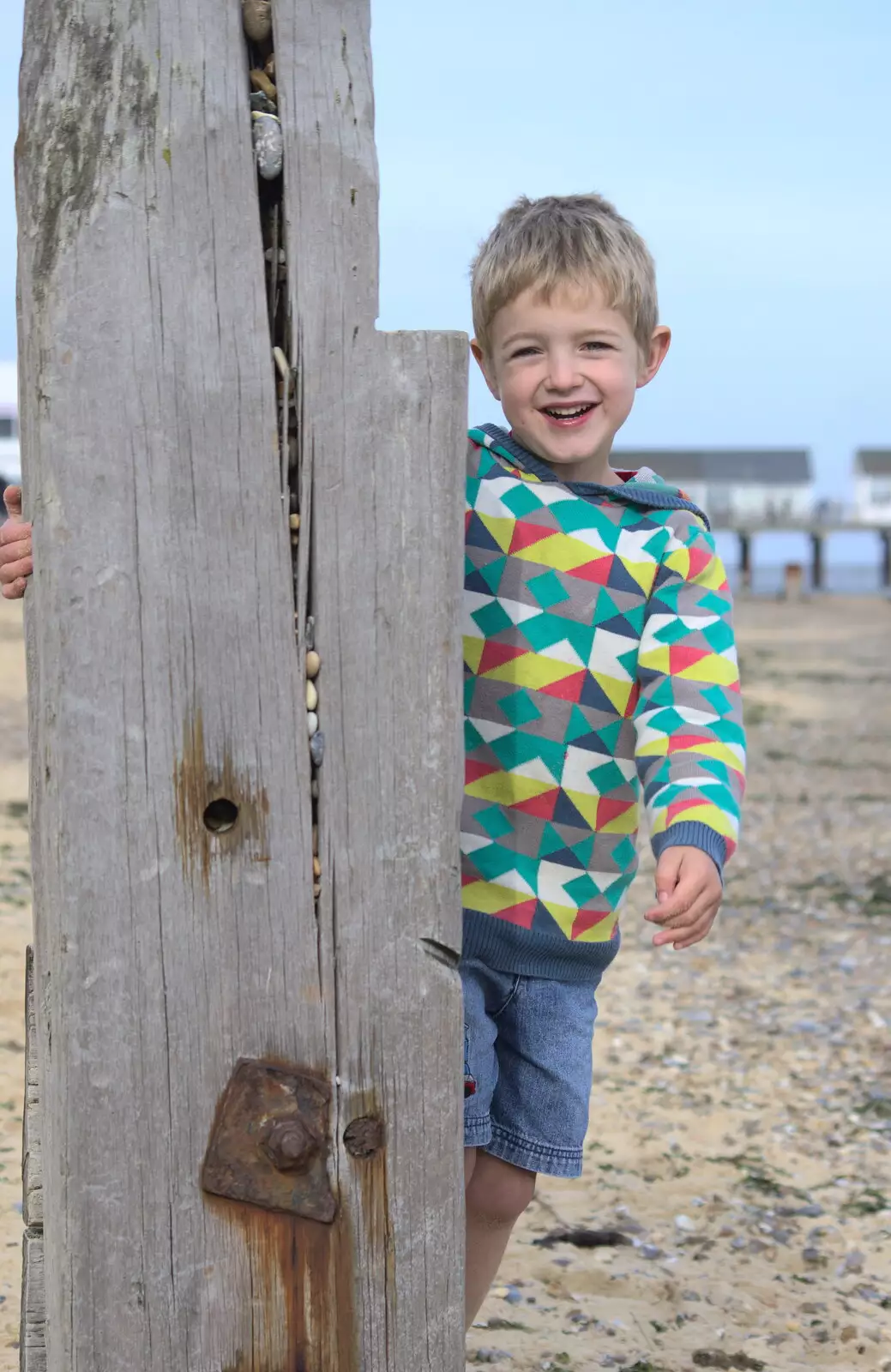 Fred peeps out, from On The Beach Again, Southwold, Suffolk - 12th October 2014