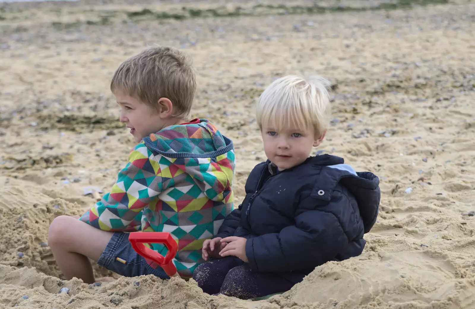 Fred and Harry in a hole in the beach, from On The Beach Again, Southwold, Suffolk - 12th October 2014