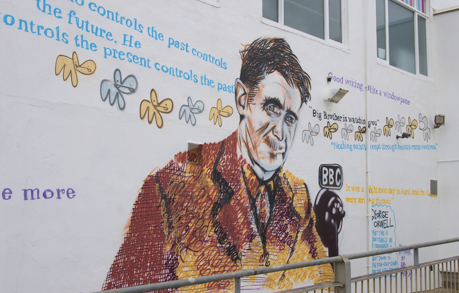A large mural of local resident George Orwell from On The Beach Again, Southwold, Suffolk - 12th October 2014