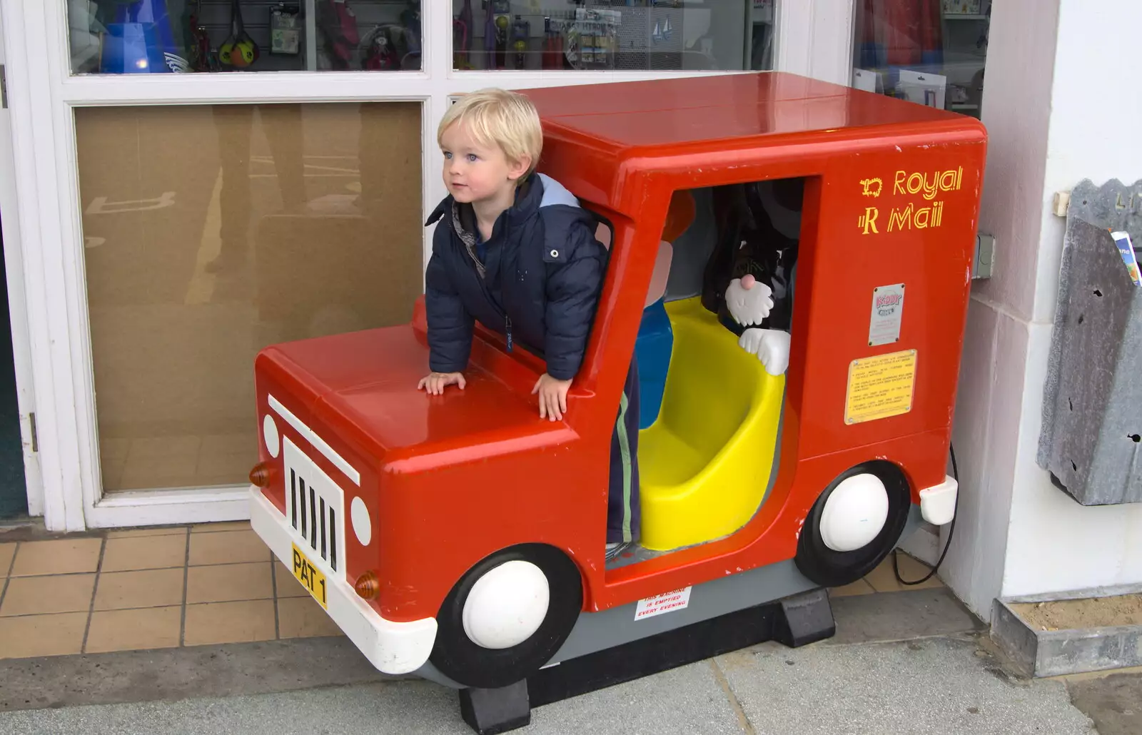 Gabes climbs out of a Postman Pat van, from On The Beach Again, Southwold, Suffolk - 12th October 2014