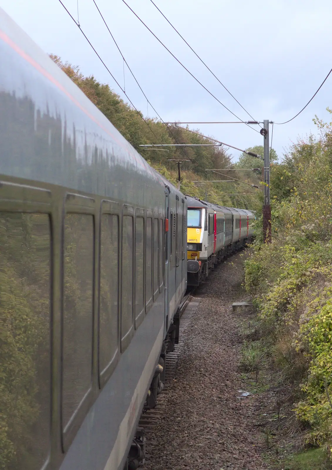 The delayed 08:47 rolls up to push us along, from (Very) Long Train (Not) Running, Stowmarket, Suffolk - 21st October 2014