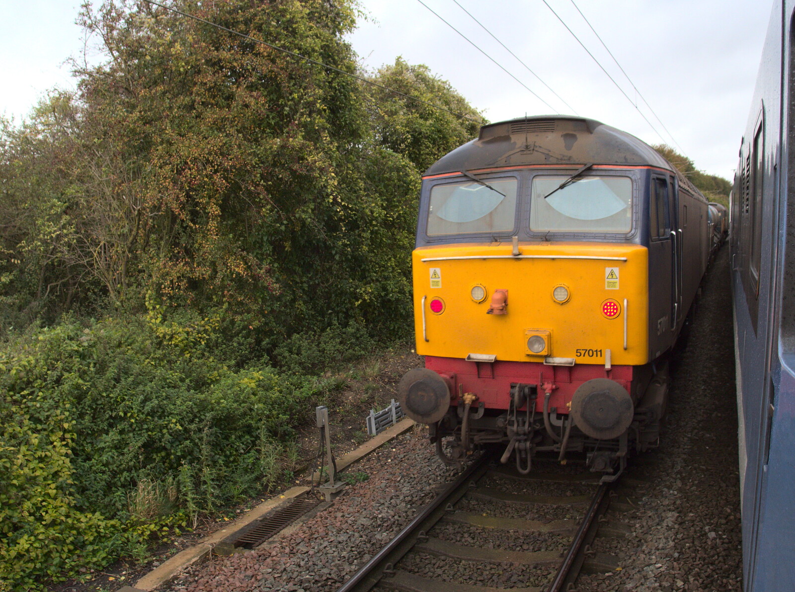 Class 57 57011 forms the second part of a pair from (Very) Long Train (Not) Running, Stowmarket, Suffolk - 21st October 2014
