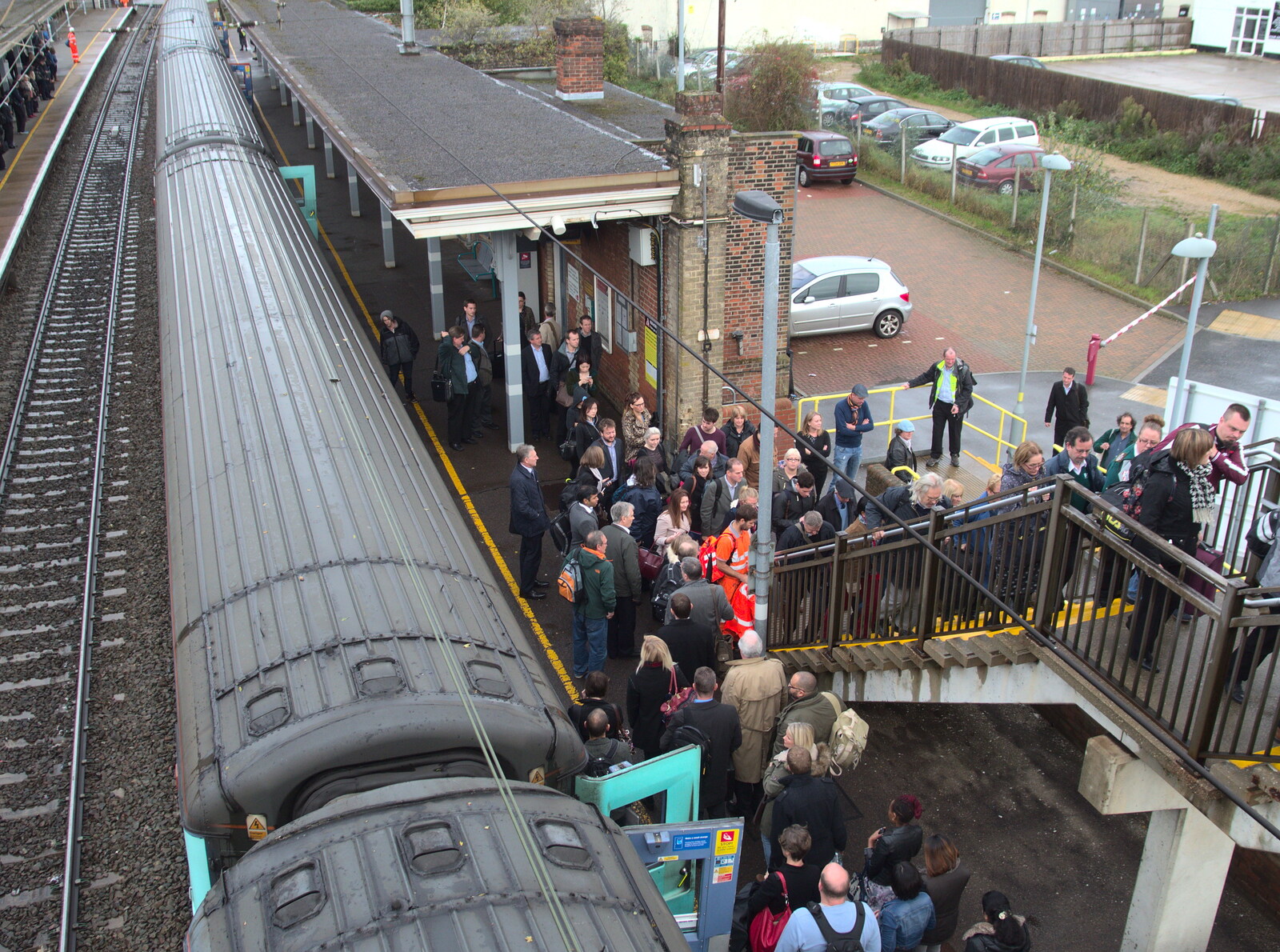 Hundreds of people pile over the bridge from (Very) Long Train (Not) Running, Stowmarket, Suffolk - 21st October 2014