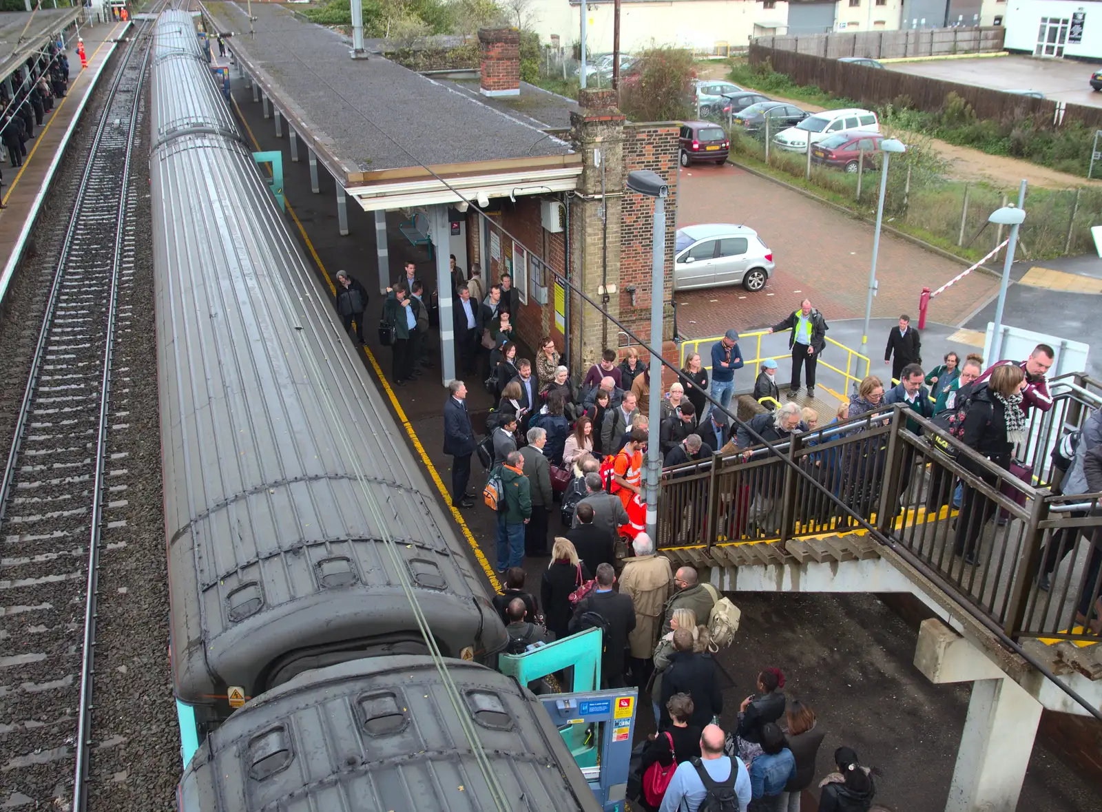 Hundreds of people pile over the bridge, from (Very) Long Train (Not) Running, Stowmarket, Suffolk - 21st October 2014