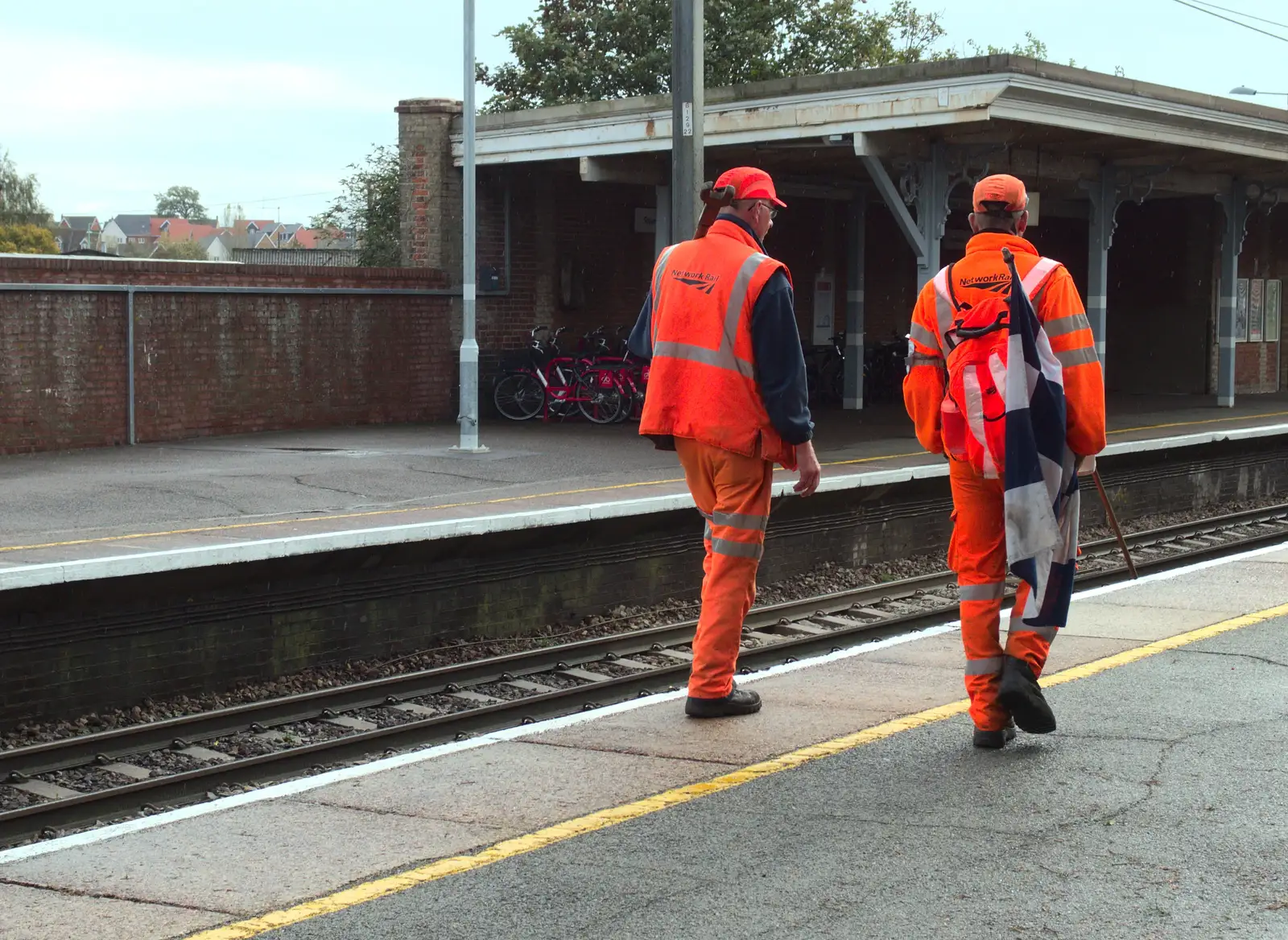 Network Rail dudes walk down the platform, from (Very) Long Train (Not) Running, Stowmarket, Suffolk - 21st October 2014