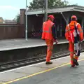 Network Rail dudes walk down the platform, (Very) Long Train (Not) Running, Stowmarket, Suffolk - 21st October 2014