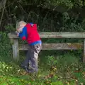 Harry leans on a bench, Another Walk around Thornham Estate, Suffolk - 27th October 2014