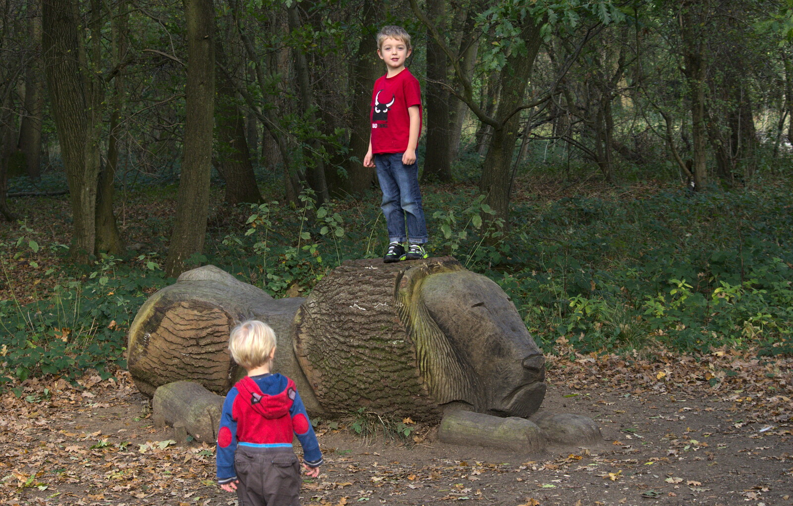 Fred stands on the carved lion from Another Walk around Thornham Estate, Suffolk - 27th October 2014