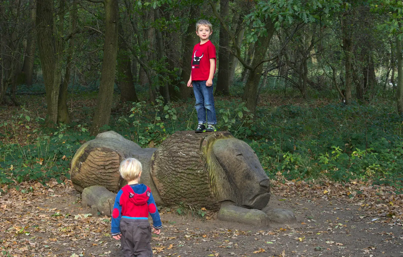 Fred stands on the carved lion, from Another Walk around Thornham Estate, Suffolk - 27th October 2014