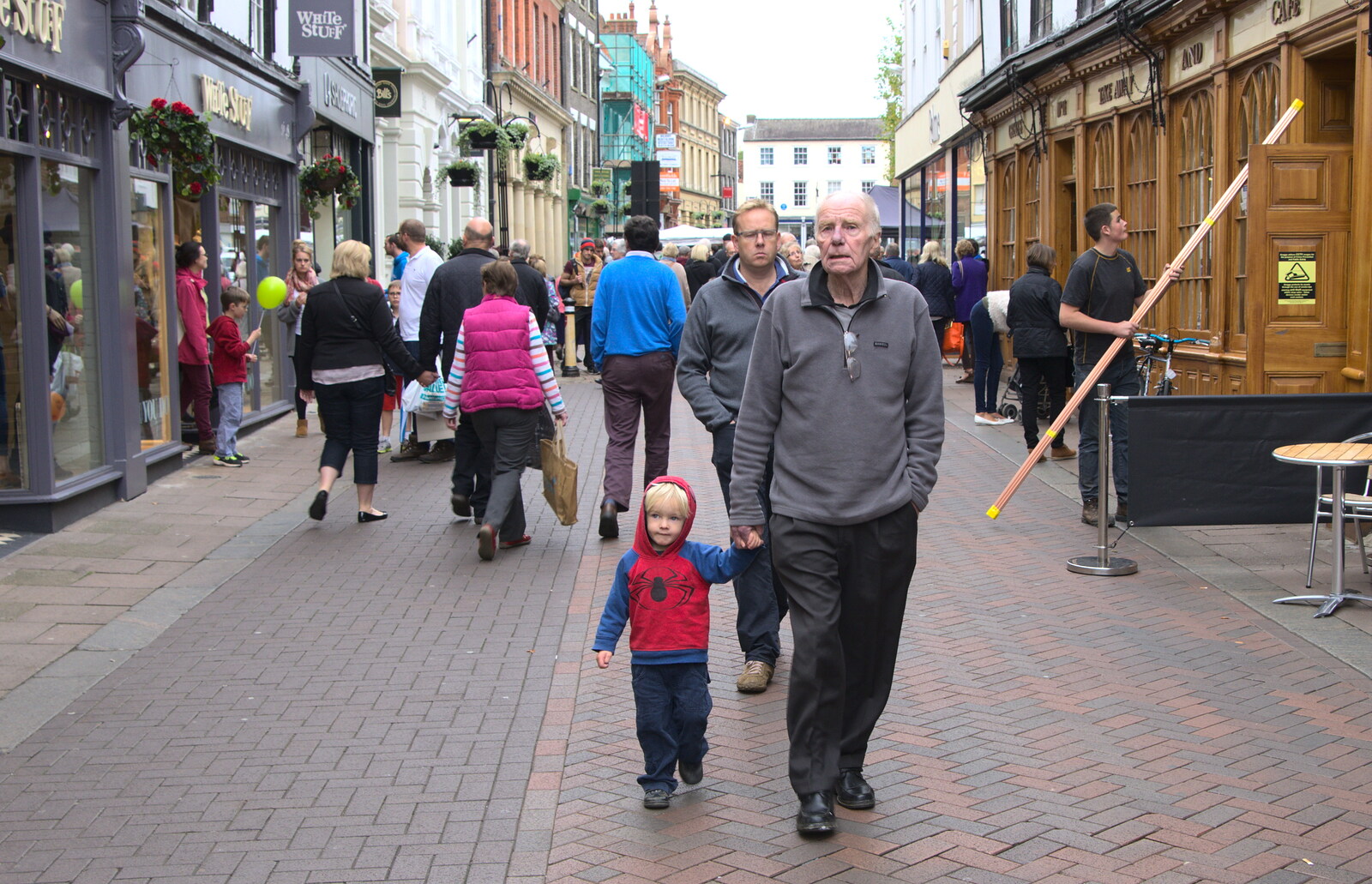 Harry and Grandad on Abbeygate Street from A Trip to Abbey Gardens, Bury St. Edmunds, Suffolk - 29th October 2014