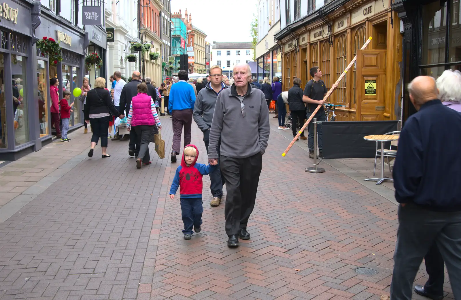 Harry and Grandad on Abbeygate Street, from A Trip to Abbey Gardens, Bury St. Edmunds, Suffolk - 29th October 2014