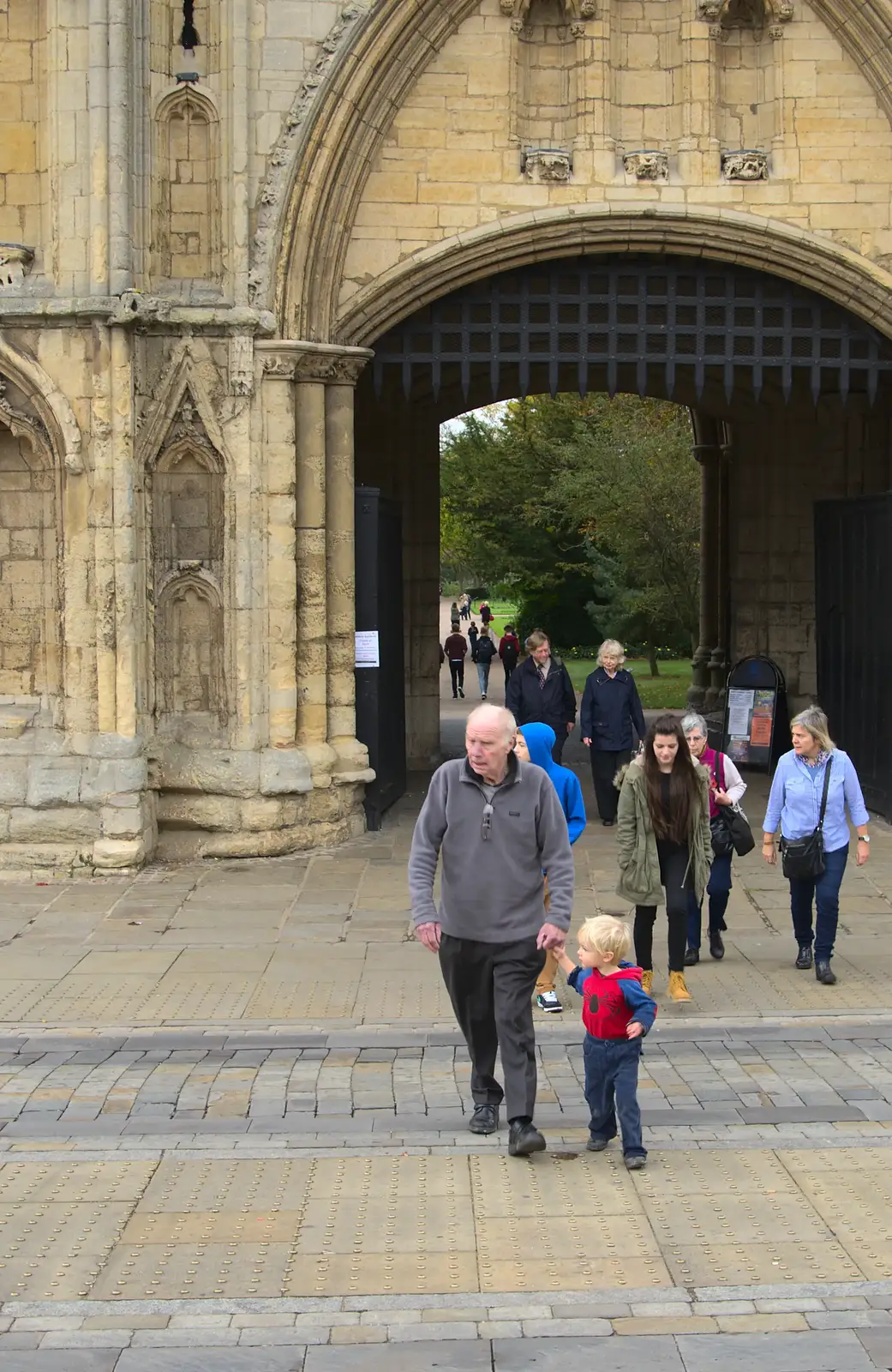 Grandad and Harry cross the road, from A Trip to Abbey Gardens, Bury St. Edmunds, Suffolk - 29th October 2014