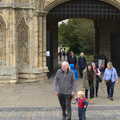 Grandad and Harry cross the road, A Trip to Abbey Gardens, Bury St. Edmunds, Suffolk - 29th October 2014