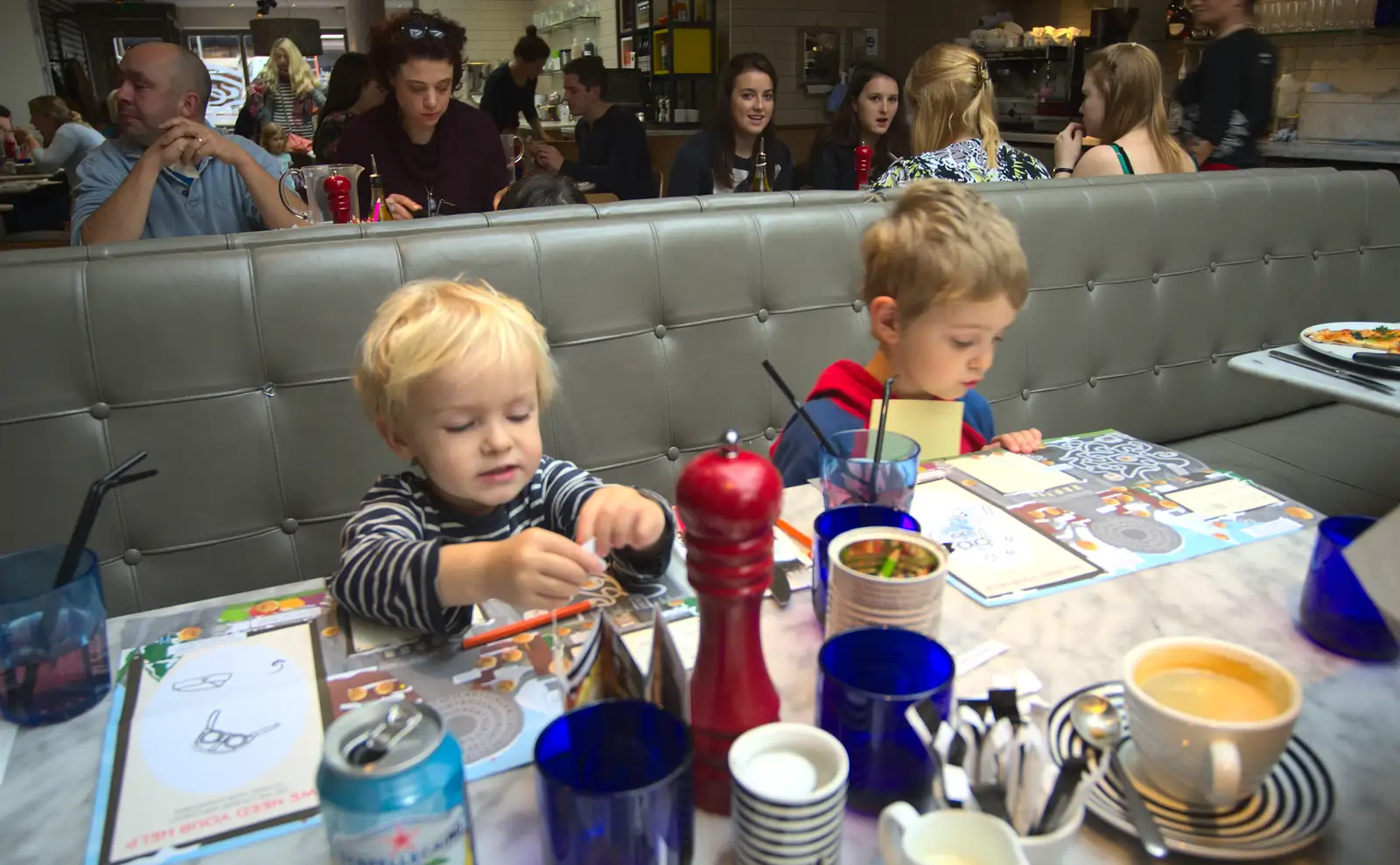 The boys do stickers and colouring-in, from A Trip to Abbey Gardens, Bury St. Edmunds, Suffolk - 29th October 2014