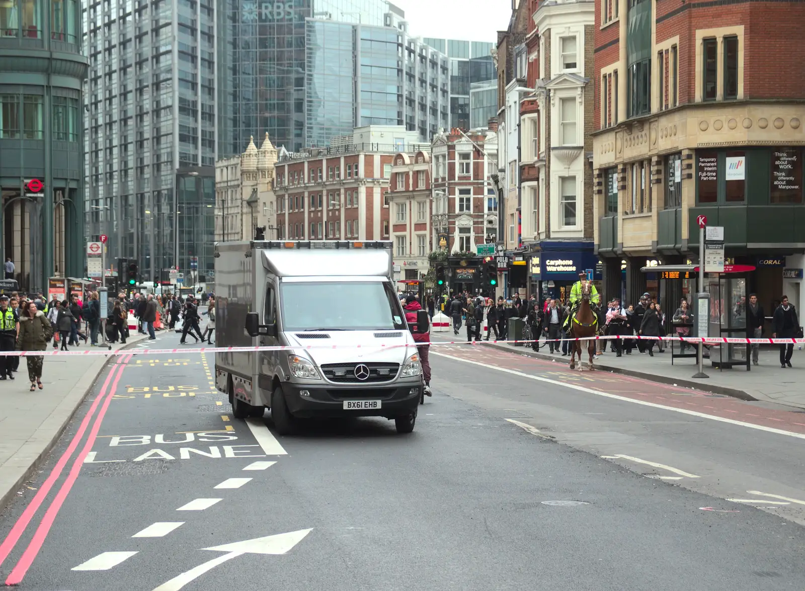 People mill around on the closed-off Bishopsgate, from A Bomb Scare and Fred Does Building, London and Suffolk - 30th October 2014