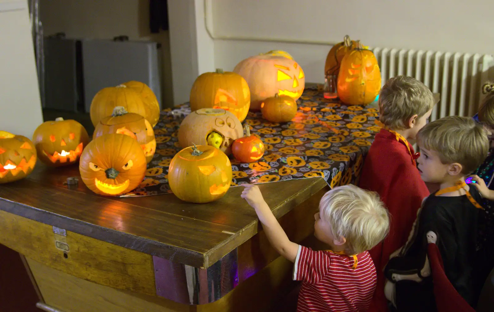 Harry points at pumpkins, from A Halloween Party at the Village Hall, Brome, Suffolk - 31st October 2014