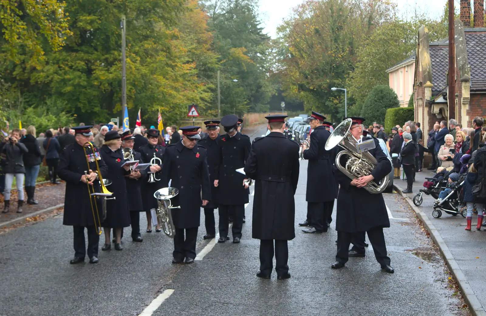 The band takes their place on Lambseth Street, from A Remembrance Sunday Parade, Eye, Suffolk - 9th November 2014