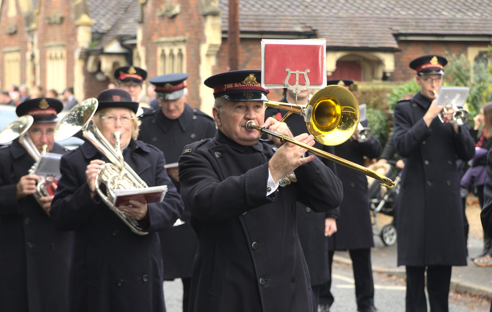 Trombone action from A Remembrance Sunday Parade, Eye, Suffolk - 9th November 2014