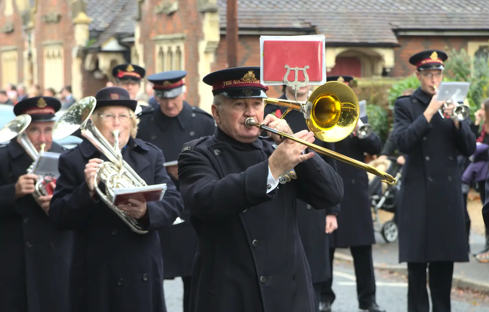 Trombone action, from A Remembrance Sunday Parade, Eye, Suffolk - 9th November 2014