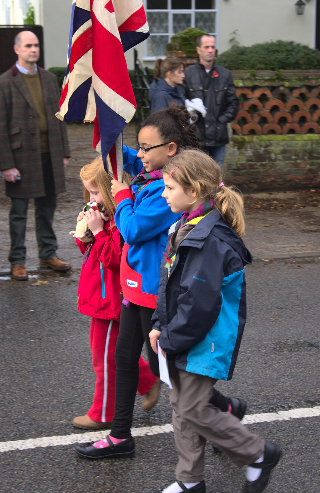 The flag girls lead the way from A Remembrance Sunday Parade, Eye, Suffolk - 9th November 2014