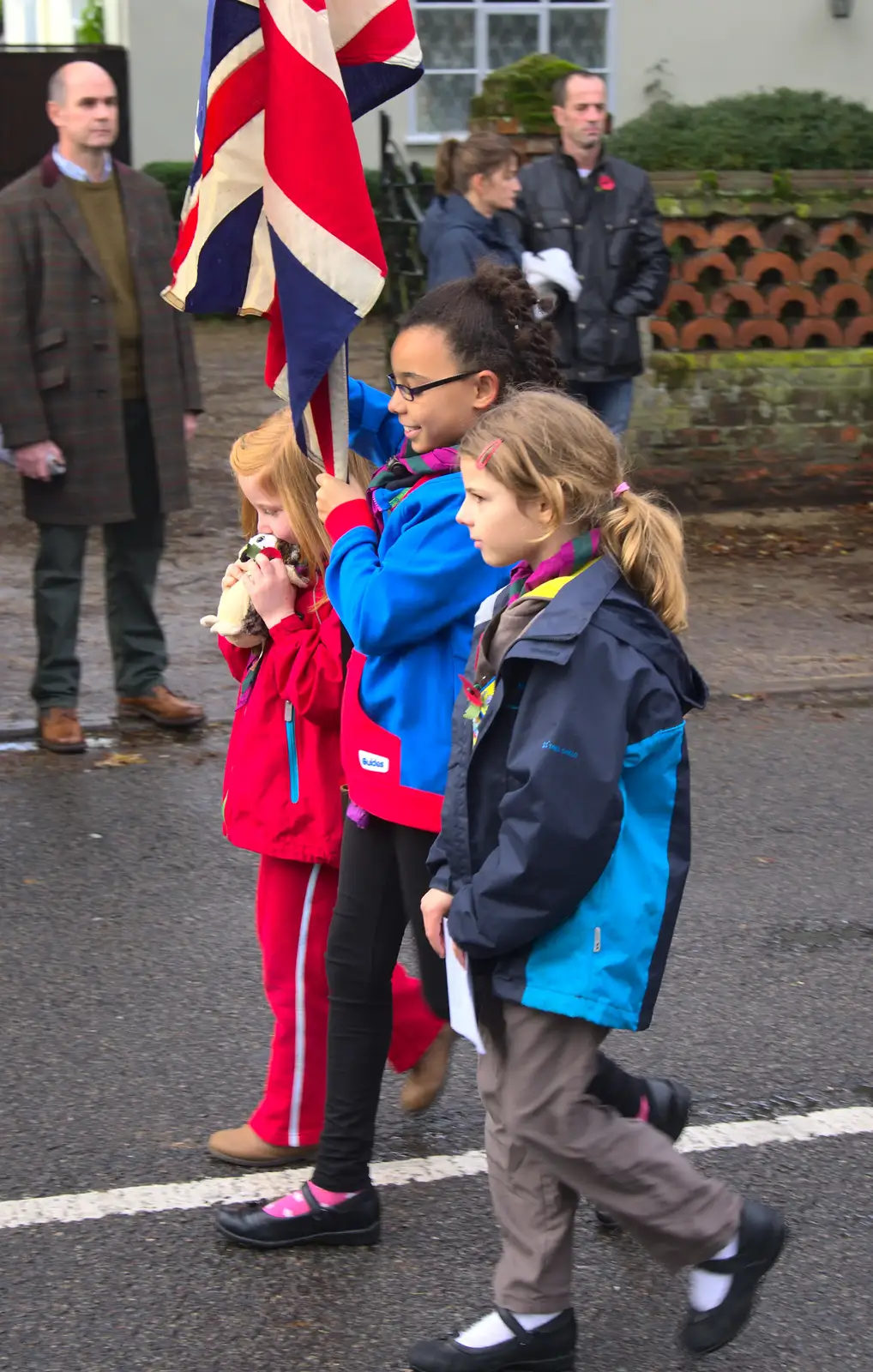 The flag girls lead the way, from A Remembrance Sunday Parade, Eye, Suffolk - 9th November 2014