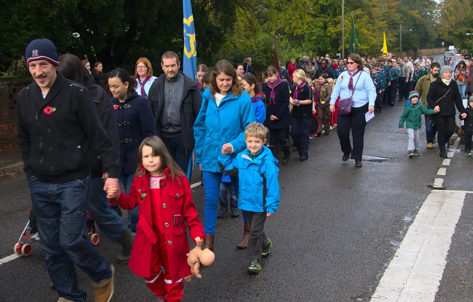 Fred and Isobel tag along in the parade, from A Remembrance Sunday Parade, Eye, Suffolk - 9th November 2014