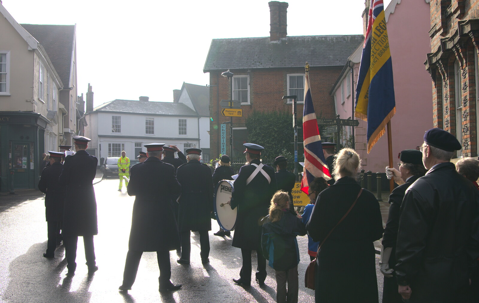 The band heads off in to the winter sun from A Remembrance Sunday Parade, Eye, Suffolk - 9th November 2014