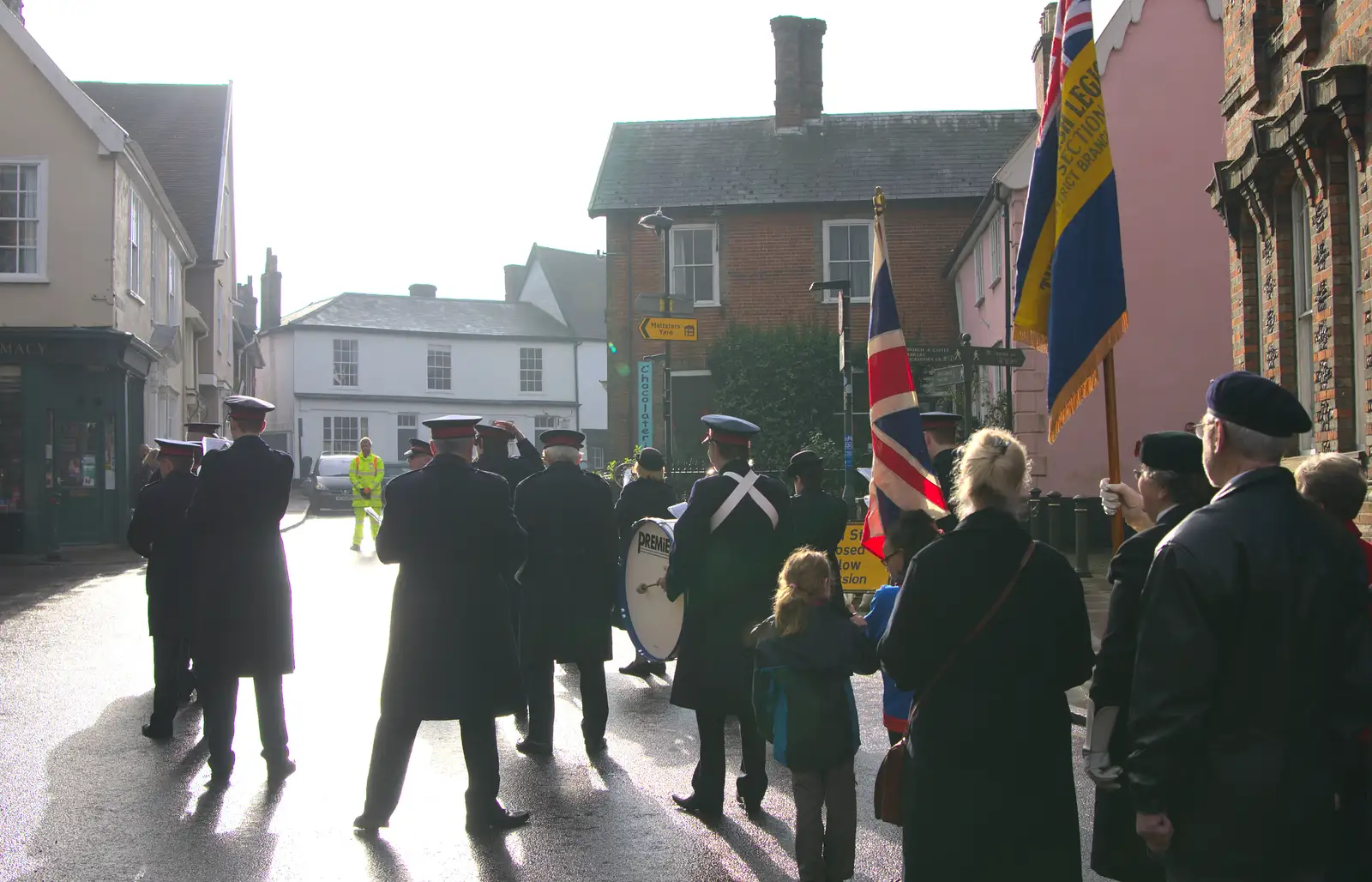 The band heads off in to the winter sun, from A Remembrance Sunday Parade, Eye, Suffolk - 9th November 2014