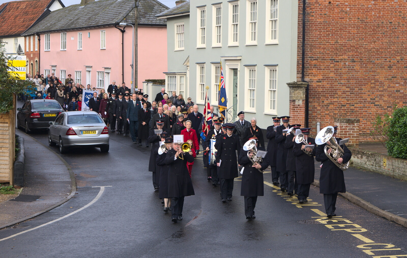 The band lead the parade up Church Street, Eye from A Remembrance Sunday Parade, Eye, Suffolk - 9th November 2014