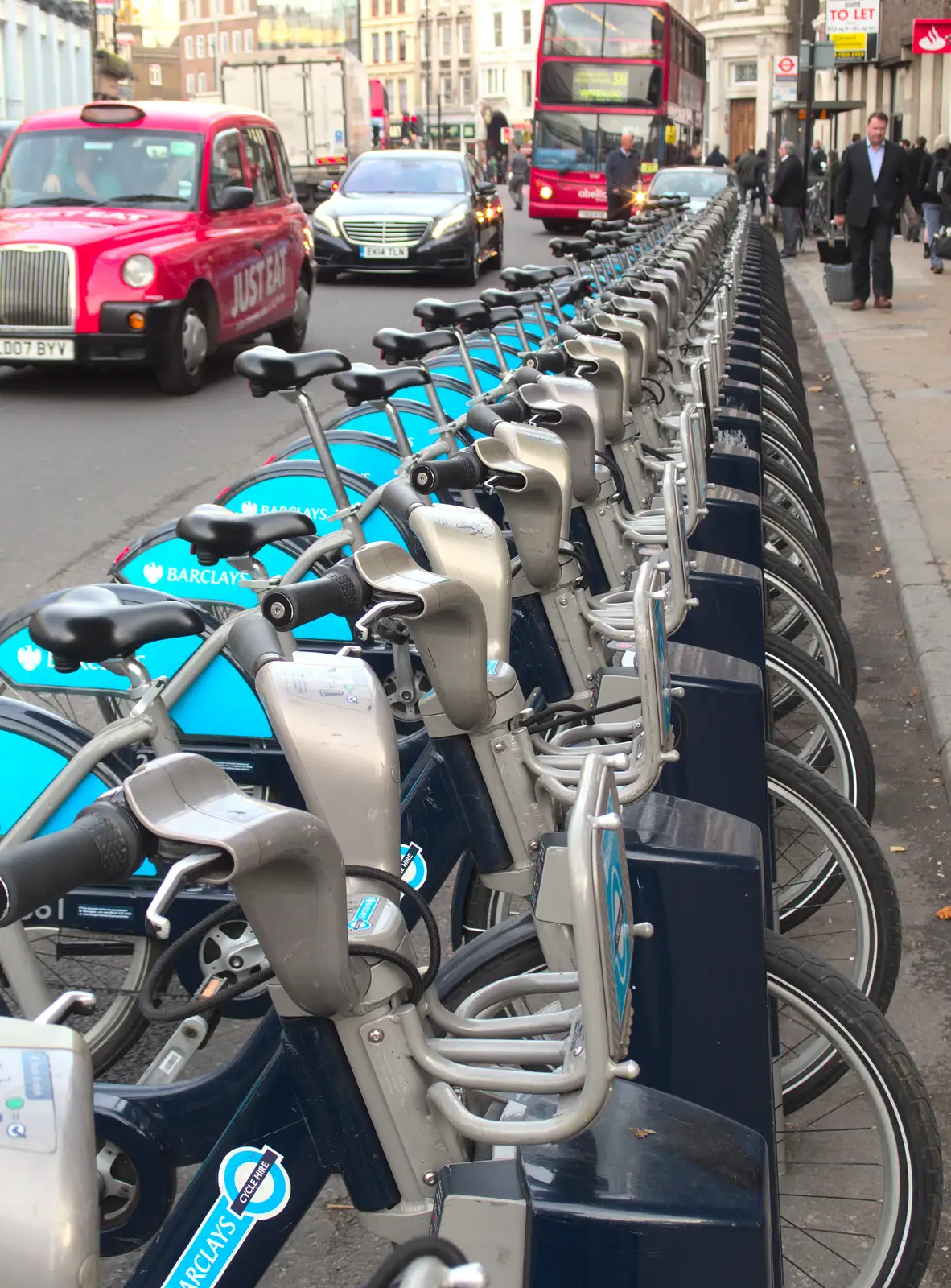 A whole line of Boris bikes, from A Melting House Made of Wax, Southwark, London - 12th November 2014