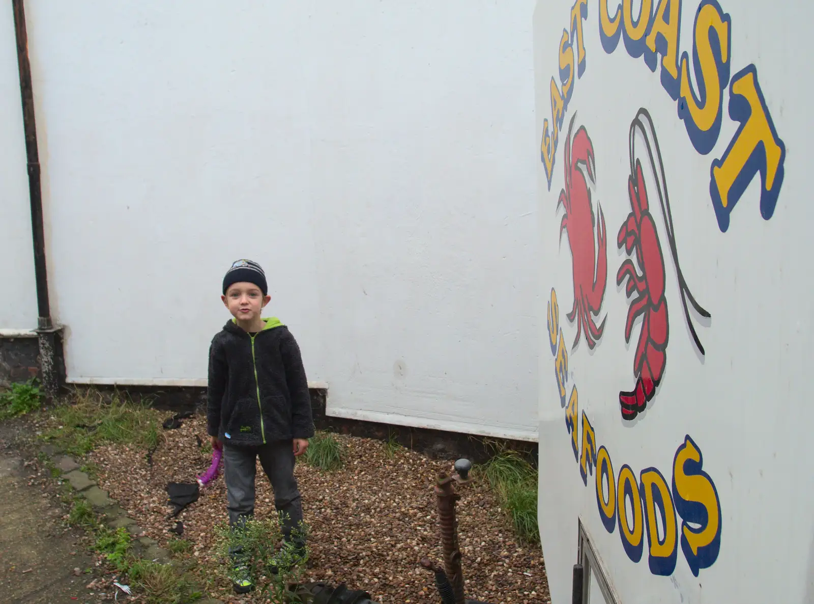 Fred outside the fish van in King's Head Yard, from November Singing, Gislingham Primary School, Suffolk - 17th November 2014