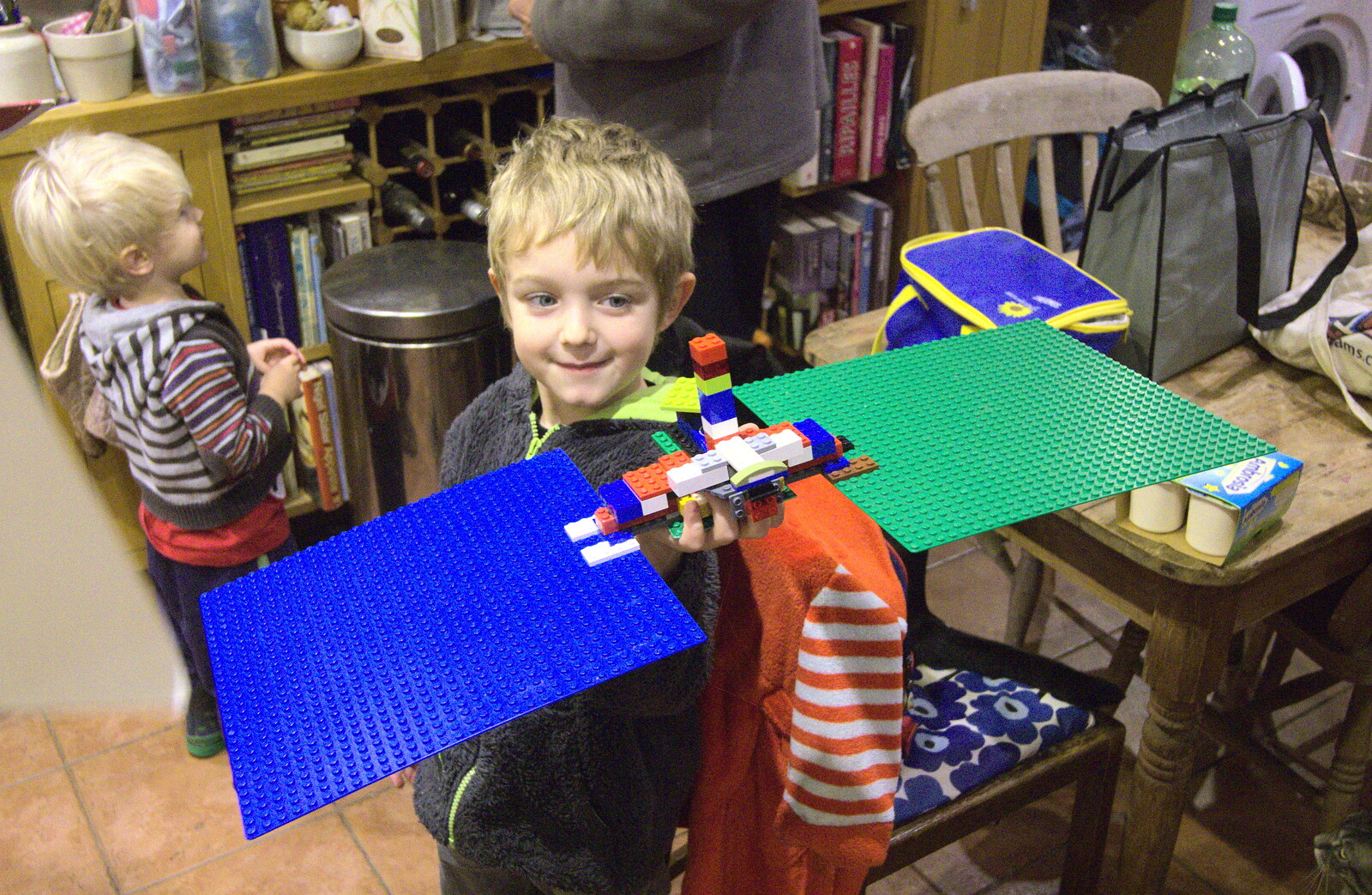 Fred shows off his rather impressive Lego satellite from November Singing, Gislingham Primary School, Suffolk - 17th November 2014