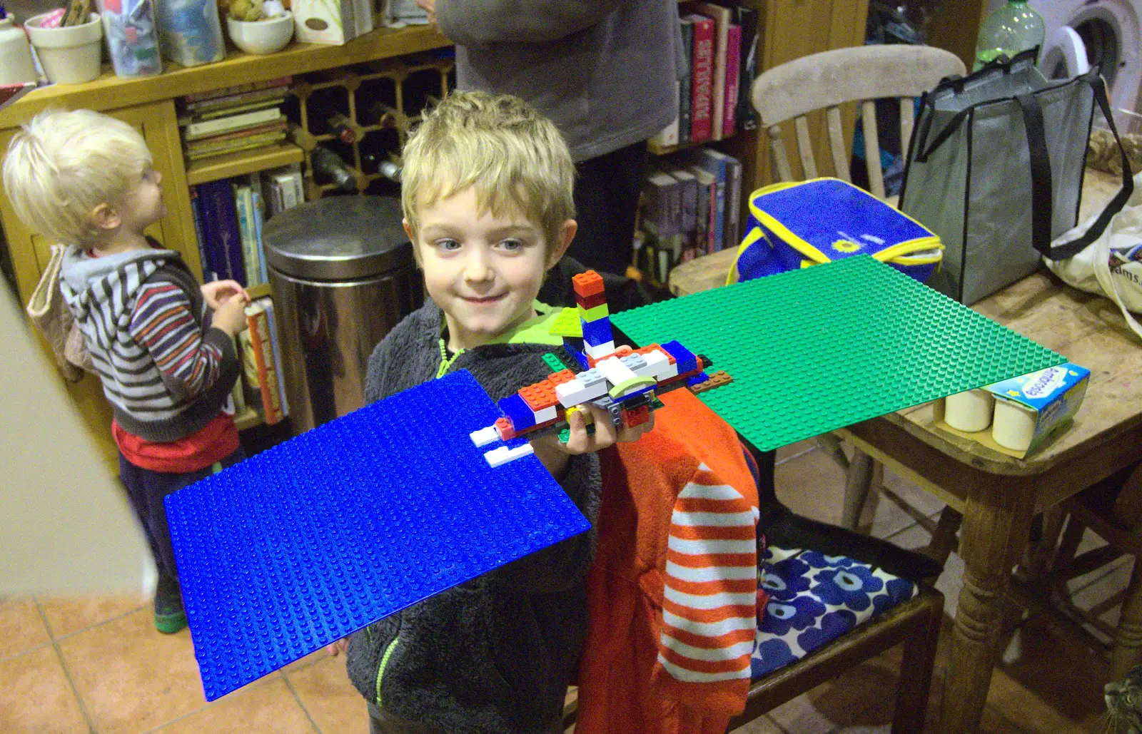 Fred shows off his rather impressive Lego satellite, from November Singing, Gislingham Primary School, Suffolk - 17th November 2014