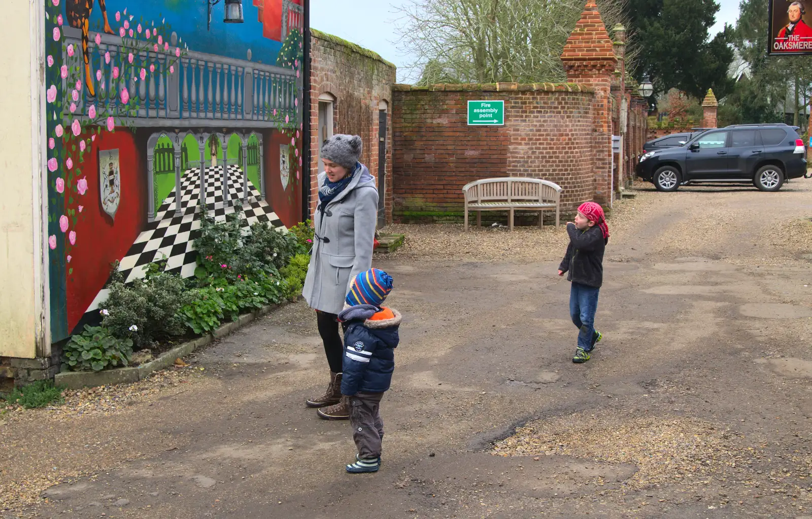 Isobel, Harry and Fred outside the Oaksmere bar, from The Lorry-Eating Pavement of Diss, Norfolk - 3rd December